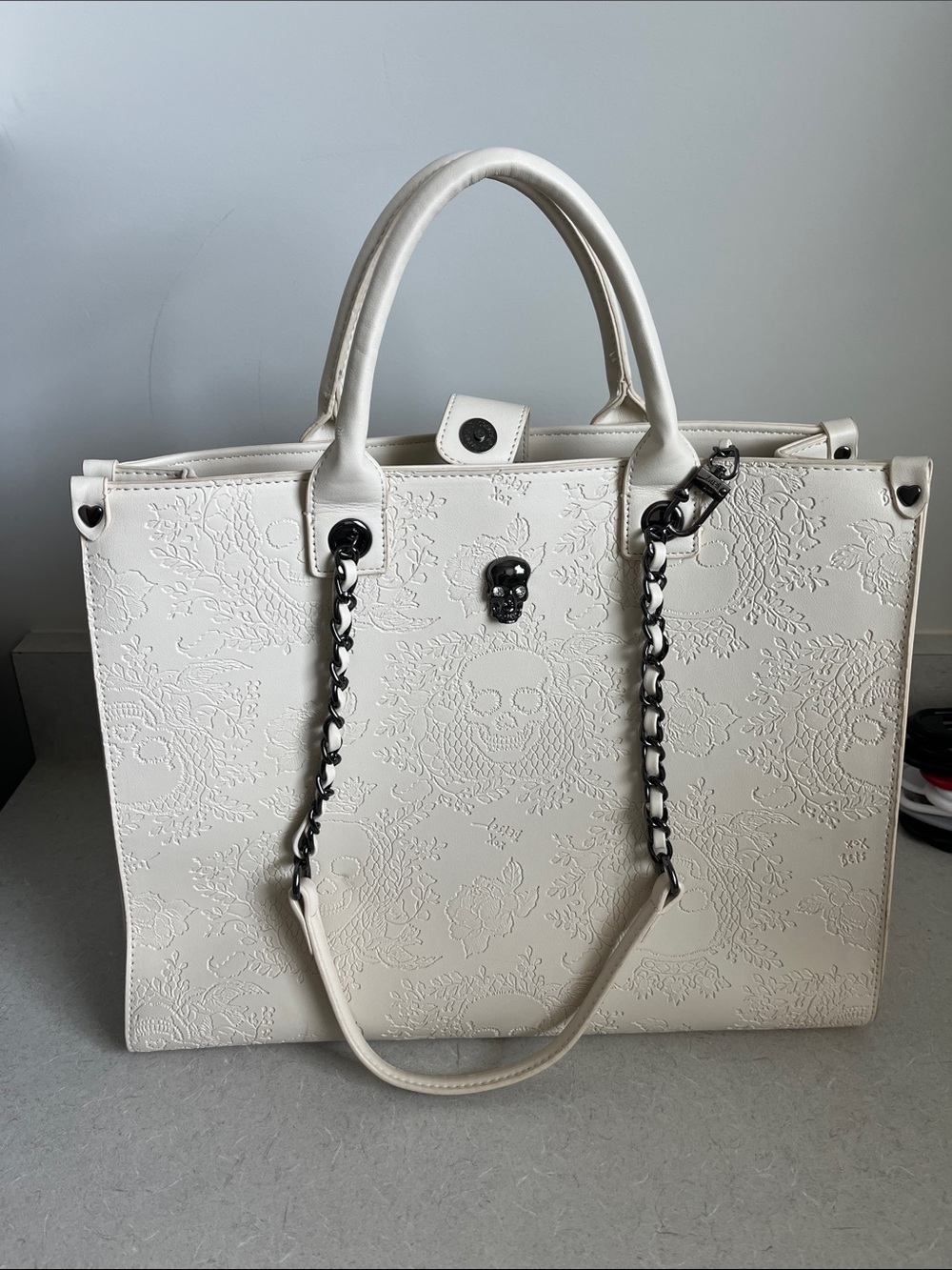 Betsey Johnson White Embossed Tote with Chain Handles